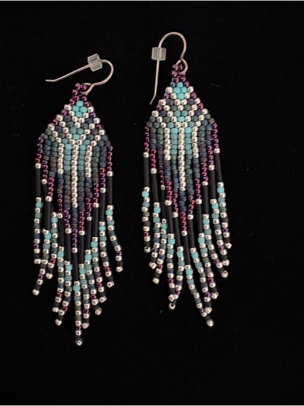 Handmade Beaded Fringe Earrings - Teal, Silver & Purple - Picture 3 of 4